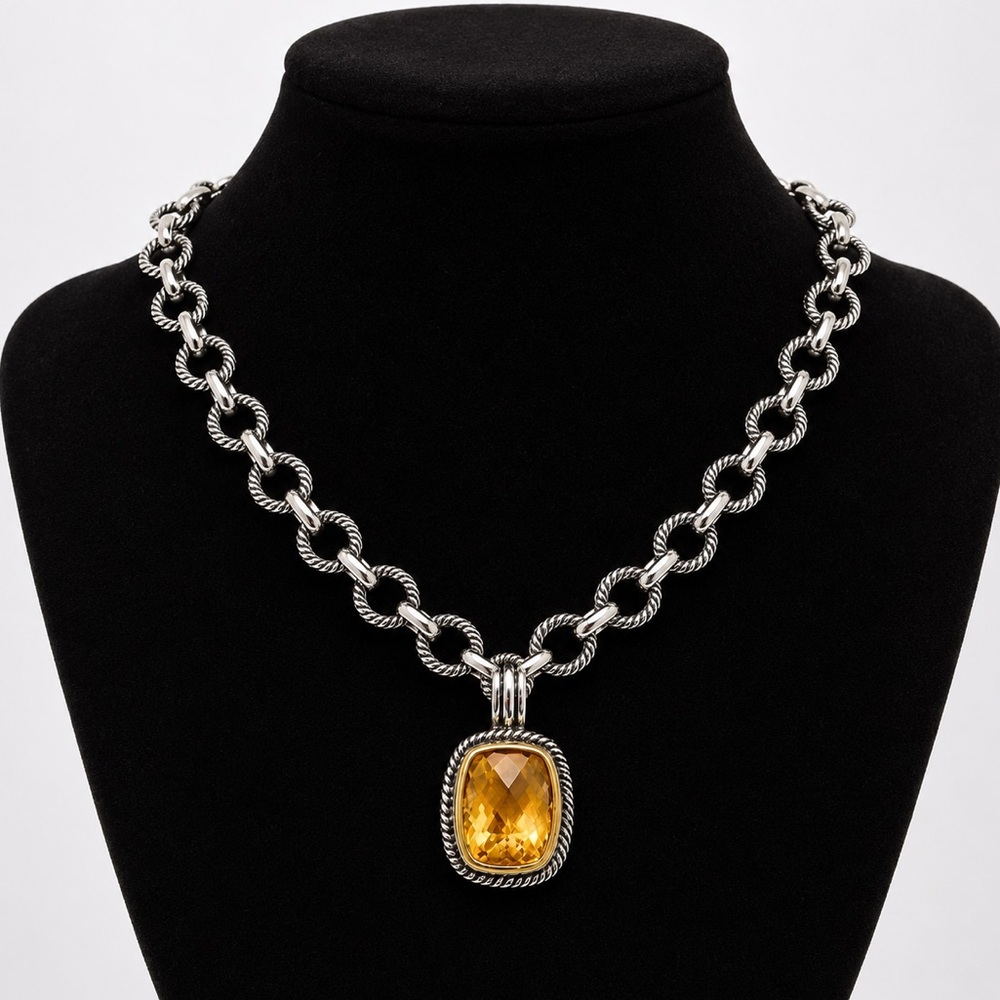 Faceted Golden Orange Citrine Sterling Silver Open Cable Link Necklace